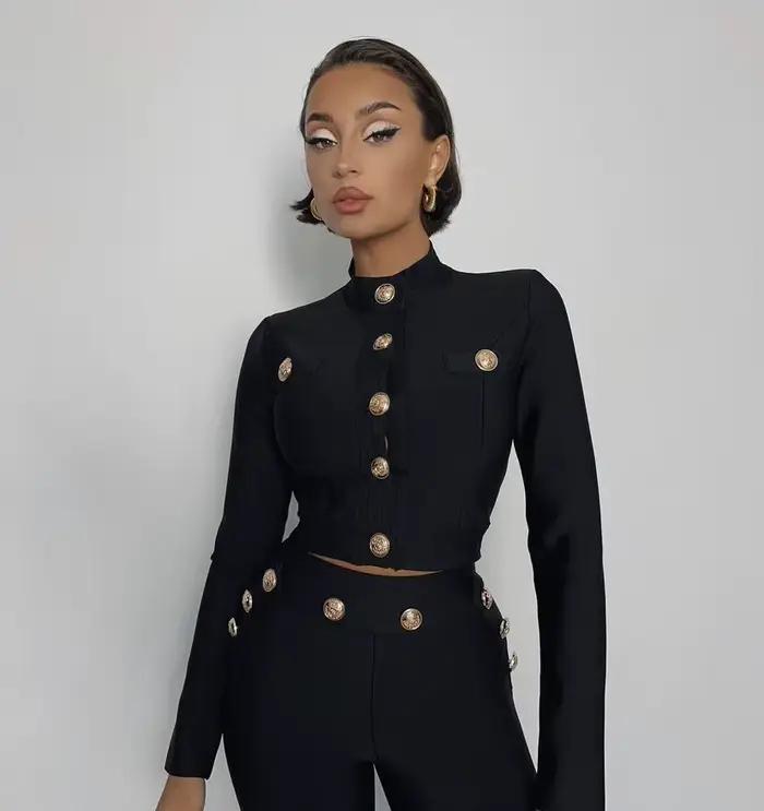 Nouveau Style d'automne couleur noire femmes à manches longues bouton rayonne Bandage manteau pantal