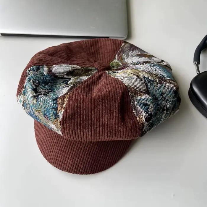 Casquettes pour femmes, béret rétro patchwork, chapeau octogonal en jacquard et velours côtelé, à la