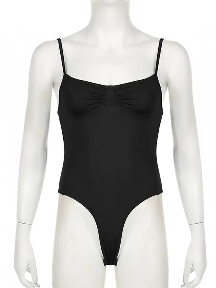 Sweetown – body froncé sans manches pour femmes, noir, bretelles Spaghetti, solide, Simple, basique,