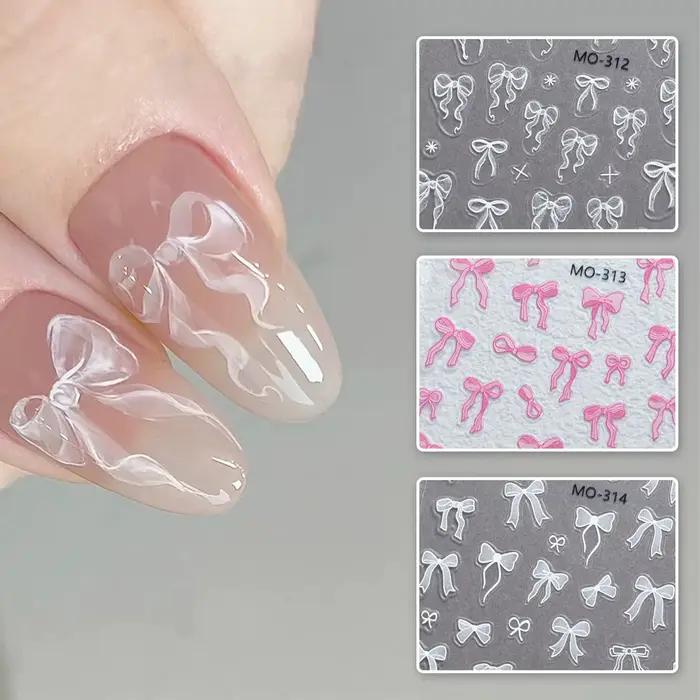 Autocollants pour ongles à nœud papillon, ruban blanc en Relief 3D, mignon, rose doux, autocollants