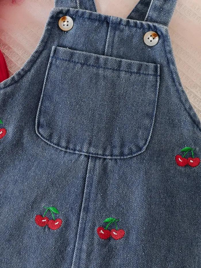 Ensemble Salopette en Jean Brodé Cerises pour Bébé Fille, Combinaison à Manches en Dentelle Creuse,