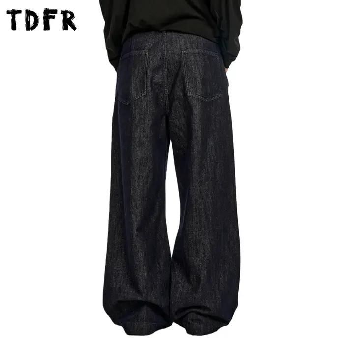 Rétro Simple jean hommes plissé décontracté lavé en détresse Baggy jambe large bleu Denim pantalon h