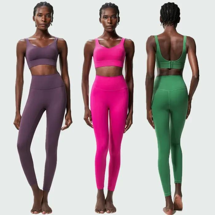 Ensemble de yoga fitness deux pièces pour femmes, couleur unie, extensible, doux, tenue de sport res