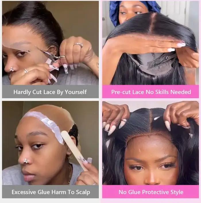 Wear matchs Go-Perruque droite sans colle avec fermeture en dentelle HD, délié pré-plumé, cheveux hu