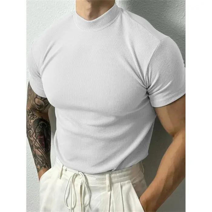 Printemps été élastique hommes T-shirt petit col haut rayure chemise à manches courtes haut de fitne