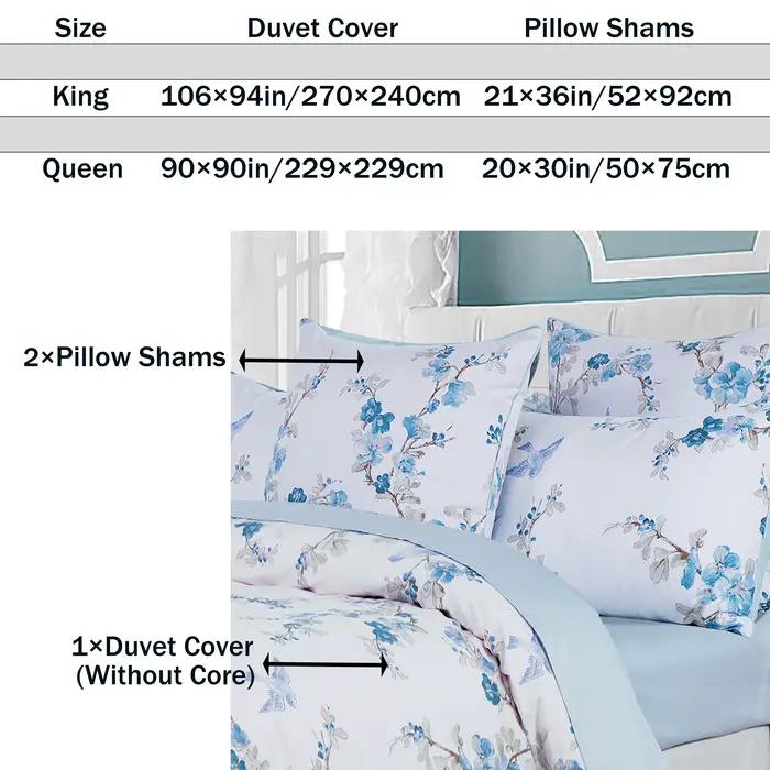 Ensemble de housse de couette 100% coton égyptien 600TC, 3 pièces, motif Floral aquarelle bleu, doux