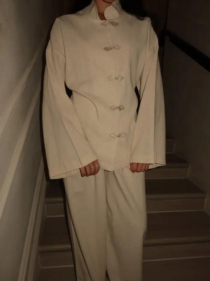 Ensemble pantalon long femme style chinois chic avec boutons grenouille, manteau à col montant simpl