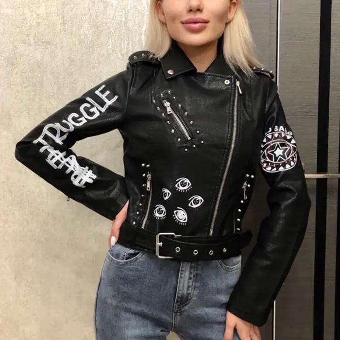 Fitaylor automne hiver femmes Graffiti imprimé veste en simili cuir dame Moto vélo manteau en cuir P