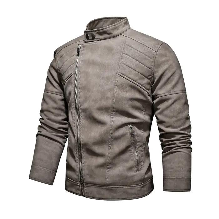 Veste en cuir PU pour hommes, avec polaire, grand revers, fermeture éclair diagonale sur le devant,