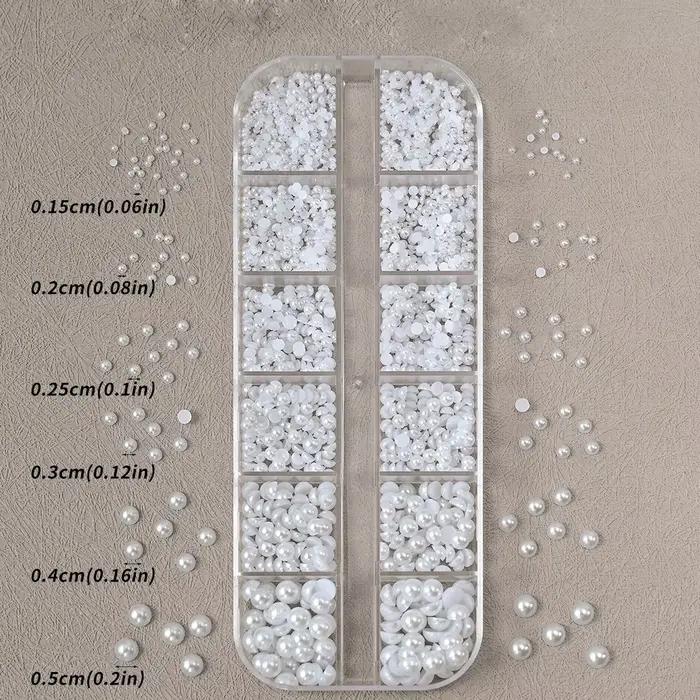 12 grilles de perles blanches 3D, breloques pour ongles, 1.5-5mm, perles rondes/demi-rondes, strass,