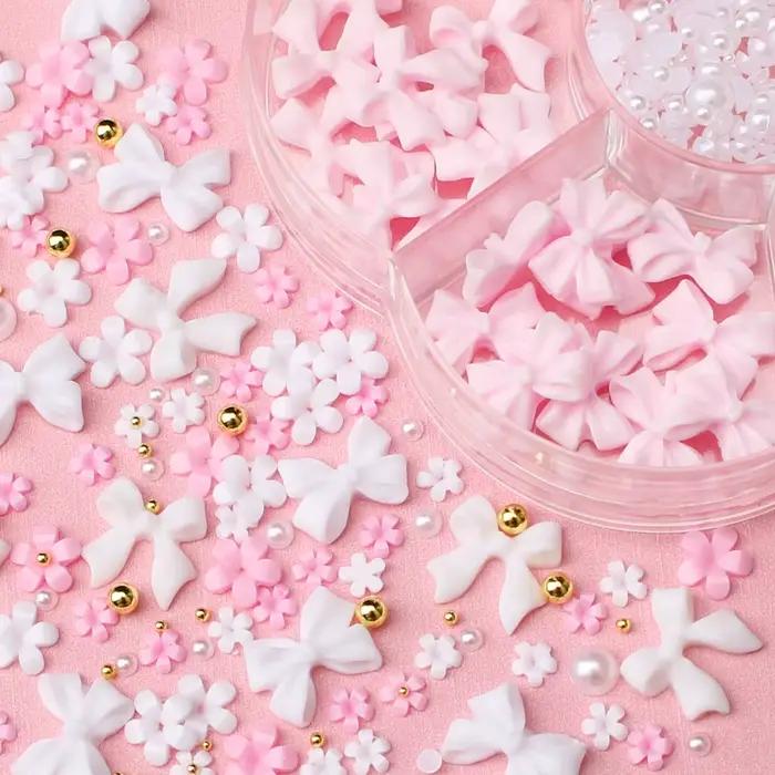 Kit de décorations pour ongles avec nœud floral 3D, 1 boîte, rose/blanc, acrylique Floral/perles de