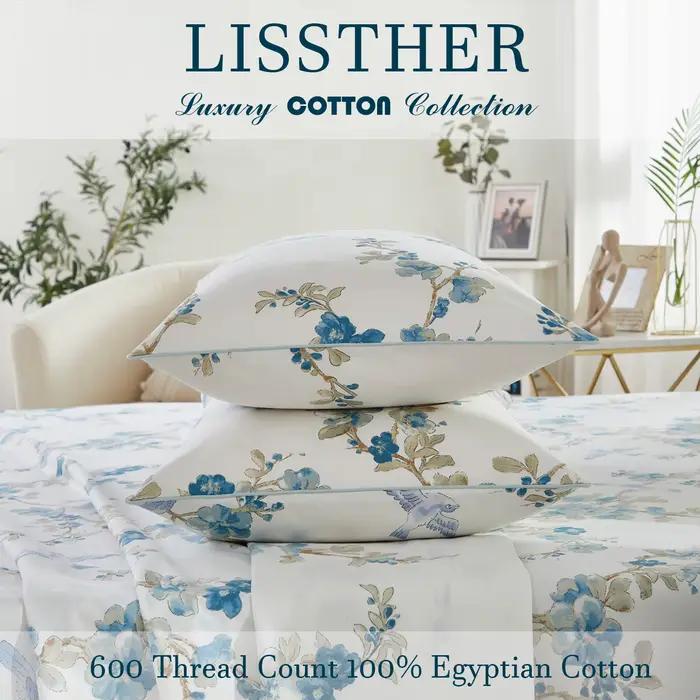 Ensemble de housse de couette 100% coton égyptien 600TC, 3 pièces, motif Floral aquarelle bleu, doux