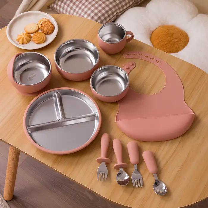 Ensemble d'alimentation pour enfants, 10 pièces, vaisselle en acier inoxydable et Silicone avec bol