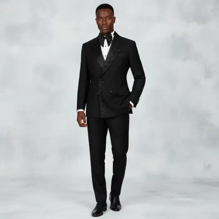 Costume Homme Perlé Brodé Noir Texturé Croisé Coupe Slim Formel pour Mariage, Bal de Promo, Dîner, S