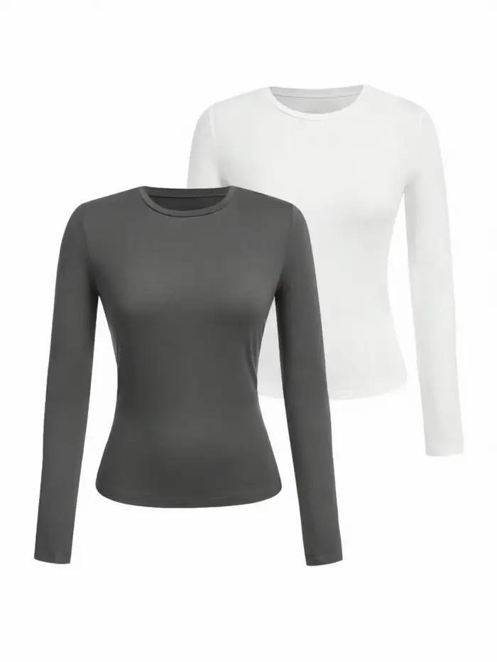 T-shirt femme manches longues couleur unie - Tissu tricoté polyester, col rond, coupe régulière, sty