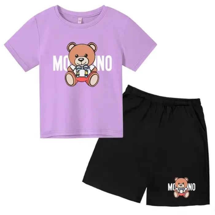 T-shirt d'été à col rond pour enfants, ensemble deux pièces avec imprimé ours Kawaii pour filles et