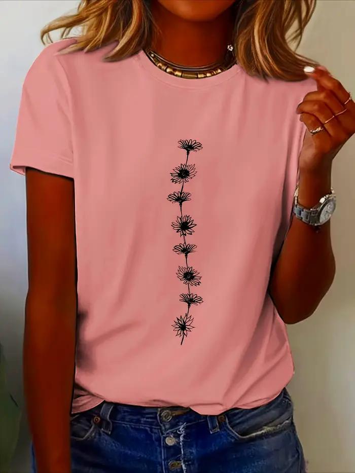T-Shirt décontracté imprimé tournesol pour femmes, haut à manches courtes et col rond, parfait pour