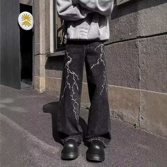 Jean droit ample et polyvalent, Design de rue rétro, Niche brodée d'épines, pantalons décontractés (