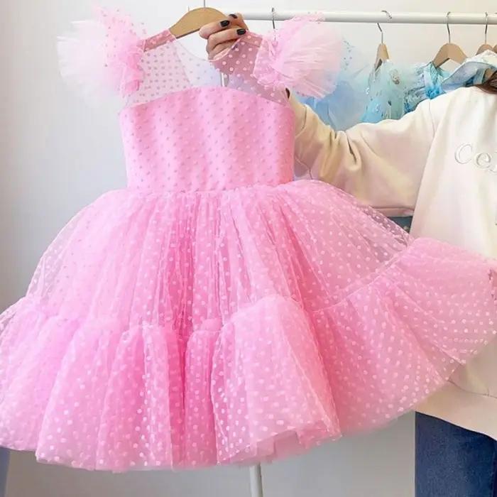 Robes de mariée à fleurs pour filles, bleu ciel, élégantes, col rond, sans manches, à pois, en dente