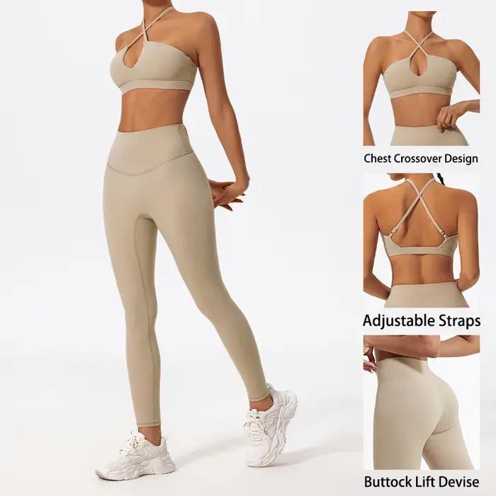 Nouvel ensemble de sport deux pièces pour femme, collection été, avec haut de yoga croisé sur la poi