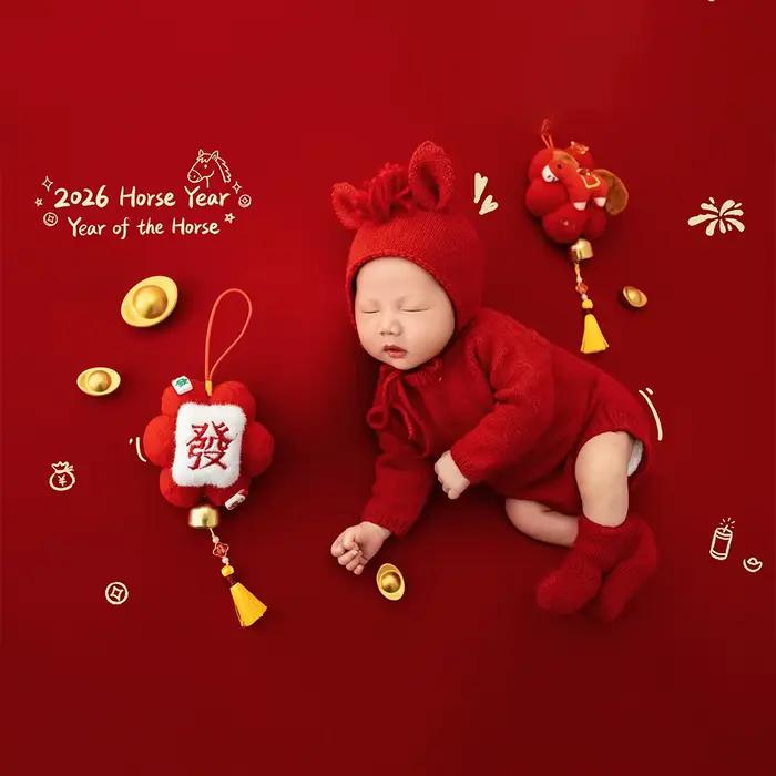Tenues de photographie pour nouveau-nés Année du Cheval : Ensemble barboteuse bébé tricotée rouge av