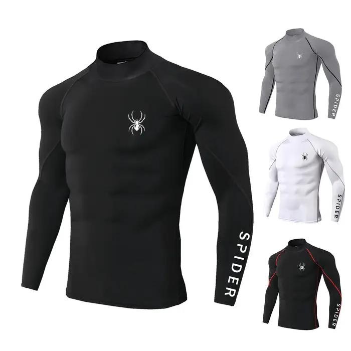 T-shirt homme compression manches longues course à pied - Impression araignée séchage rapide gym