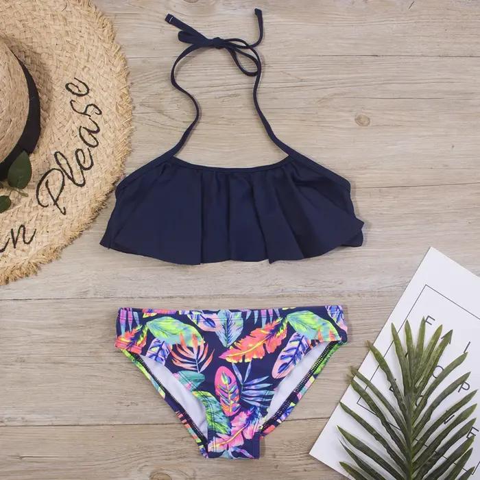 Maillot de bain à volants imprimé pour filles 5-14 ans - Ensemble bikini été bandage plage