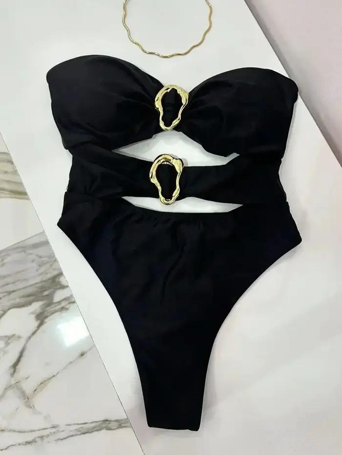 3 couleurs Sexy anneaux en métal découpé femmes maillots de bain une pièce maillot de bain femme Ban