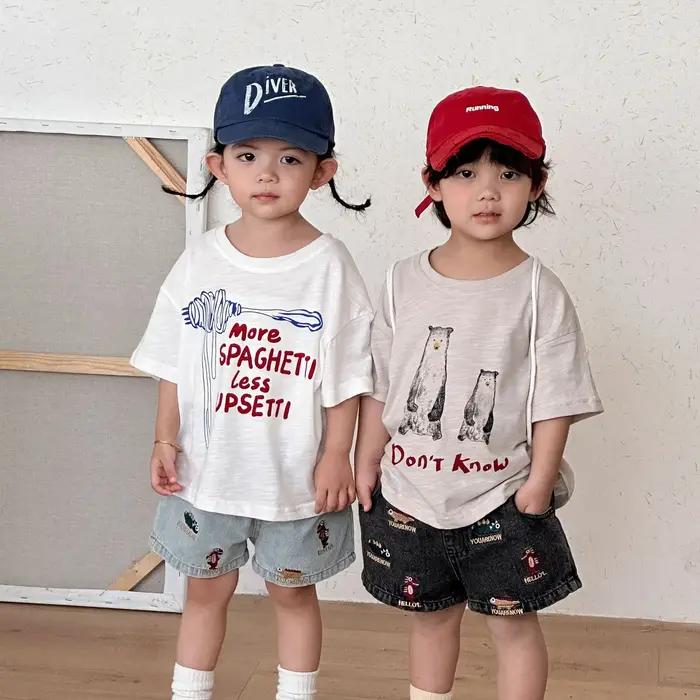 T-shirts à manches mi-longues pour enfants, amples, avec lettres de dessin animé imprimées, hauts po