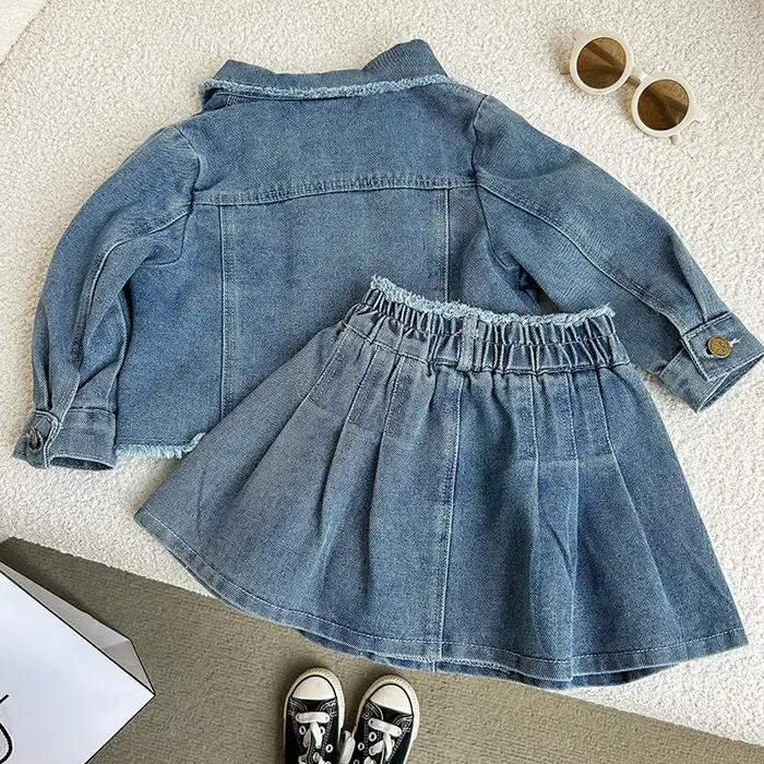Ensemble en jean pour fille de 2 à 8 ans, avec revers rétro, veste en jean à manches longues + jupe