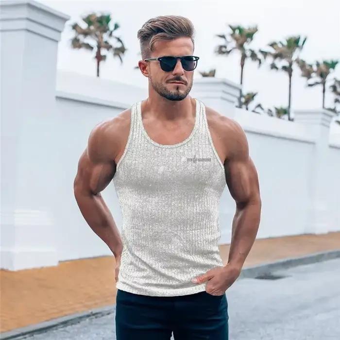 Débardeur tricoté à rayures pour hommes, chemise d'été respirante à séchage rapide, Fitness, Slim Fi