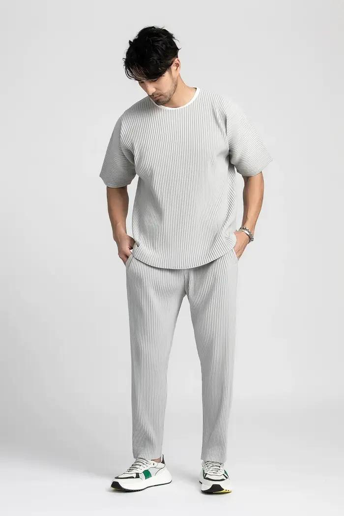 T-shirt à manches courtes et col rond pour homme, haut de sport, fin, respirant, solide, plissé, été