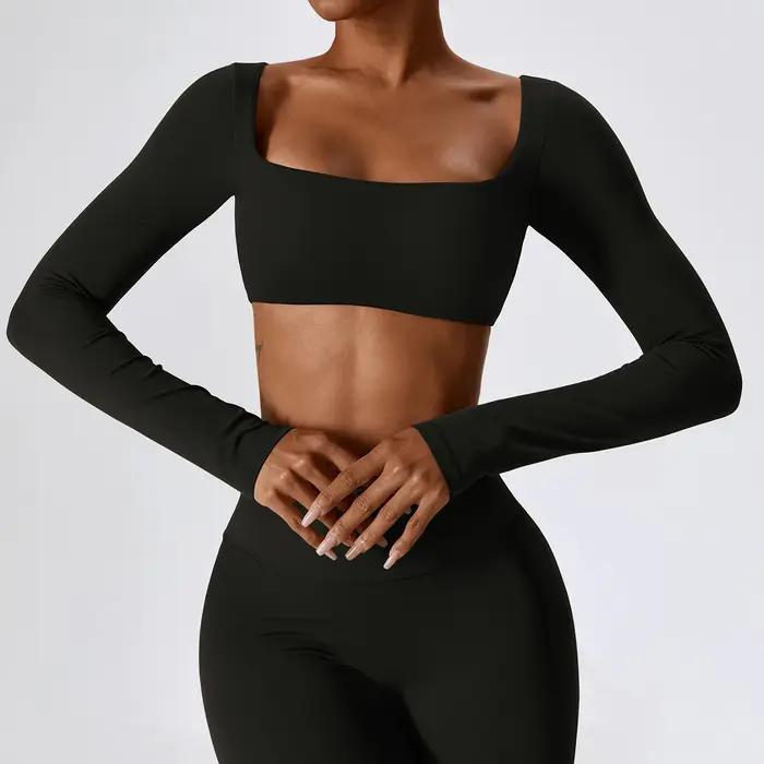 Haut de yoga femme sexy - Chemise sport manches longues court pour fitness et entraînement sportif