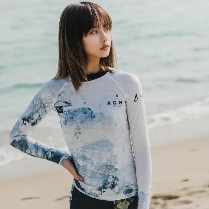 Nu-juin femmes à manches longues maillot de bain Rashguard imprimé surf haut chemise de plongée séch