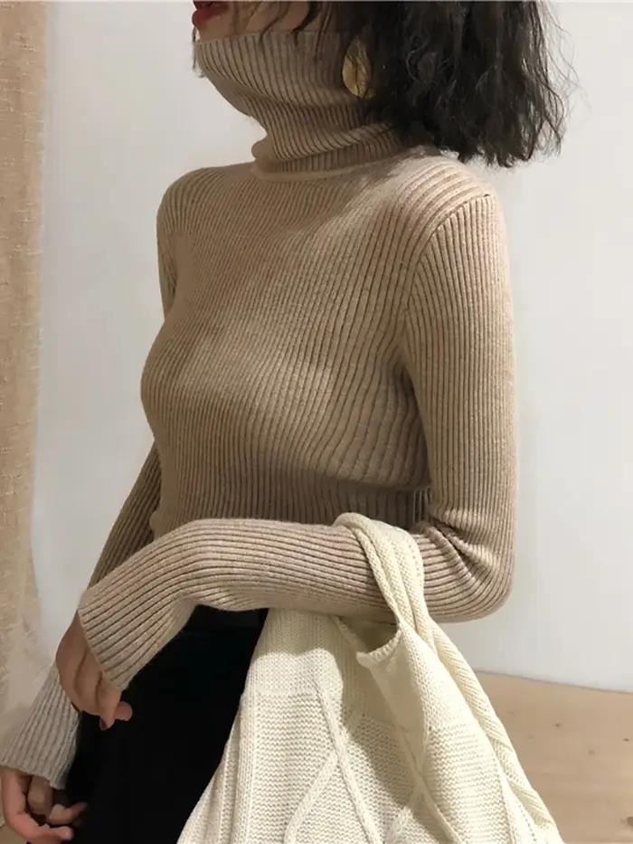 Pull Col Roulé Femme Automne Hiver 2026 – Haut Coréen Slim Tricoté pour Femme – Pull Femme Hiver Tru