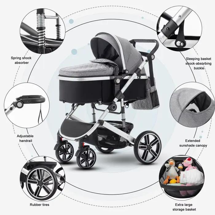 Poussette bébé 3 en 1 luxueux Portable voyage landau pliable landau haute paysage cadre en aluminium
