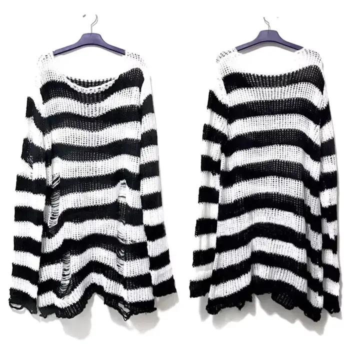 Nouveau automne Punk gothique Long unisexe pull femmes rayé Cool évider trou cassé pull ample Rock m