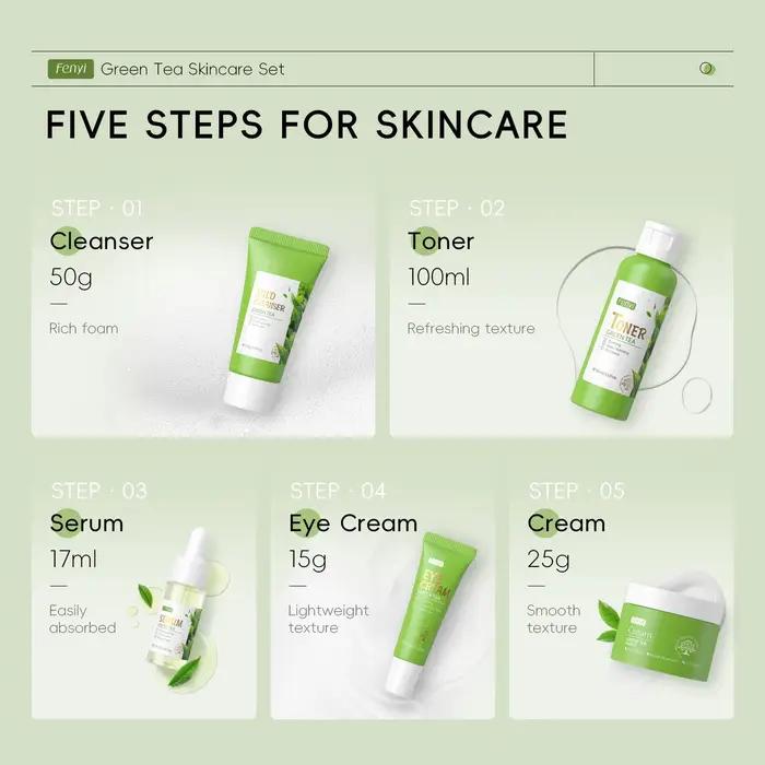5 pièces/boîte ensemble de soins de la peau thé vert nettoyant pour le visage apaise la peau visage