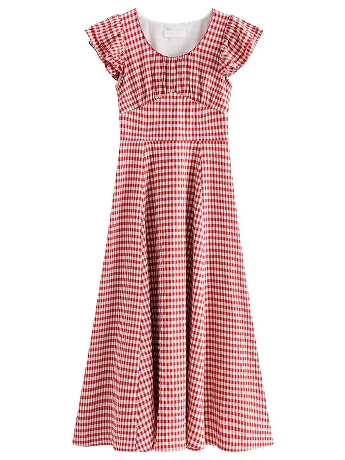 FSLE-Robe longue rouge à carreaux, taille haute, pour femme, tenue élégante et romantique, nouvelle