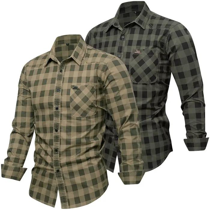 2025 automne nouvelle mode hommes 100% coton chemise à carreaux hauts décontracté boutonné à manches
