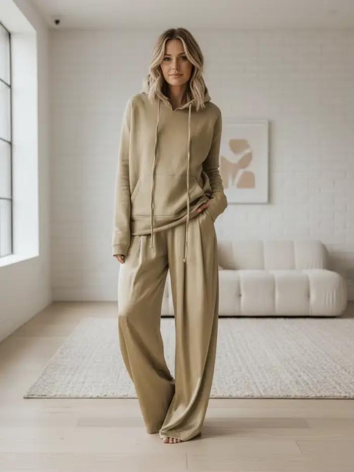 Onecozyday – pantalon taille haute à jambes larges et sweat-shirt à capuche à manches longues, coupe