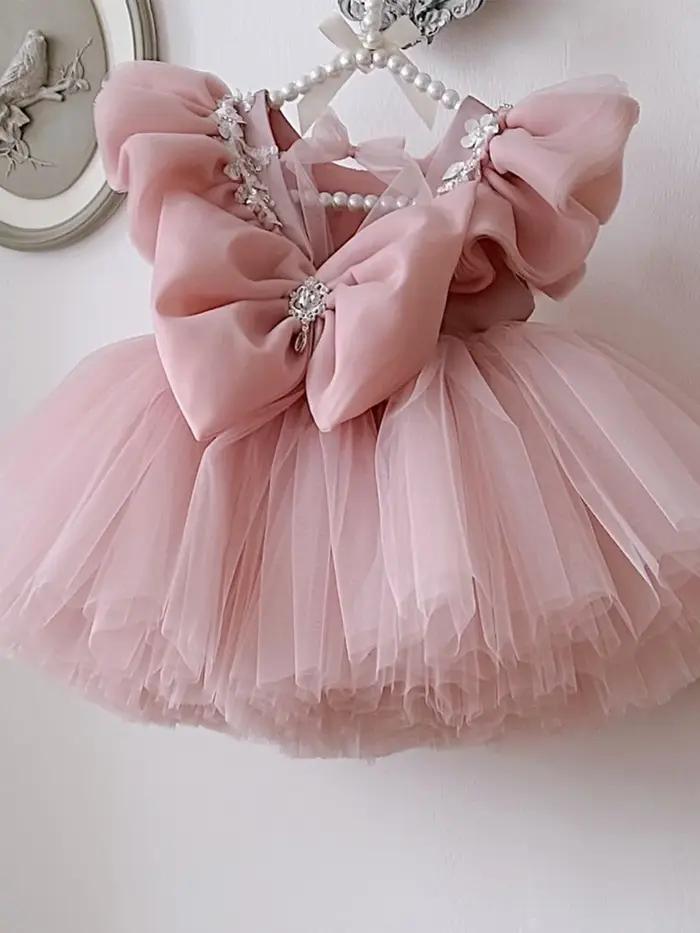 Robe d'anniversaire pour filles, avec des Appliques de perles roses, Mini robe de princesse pour enf