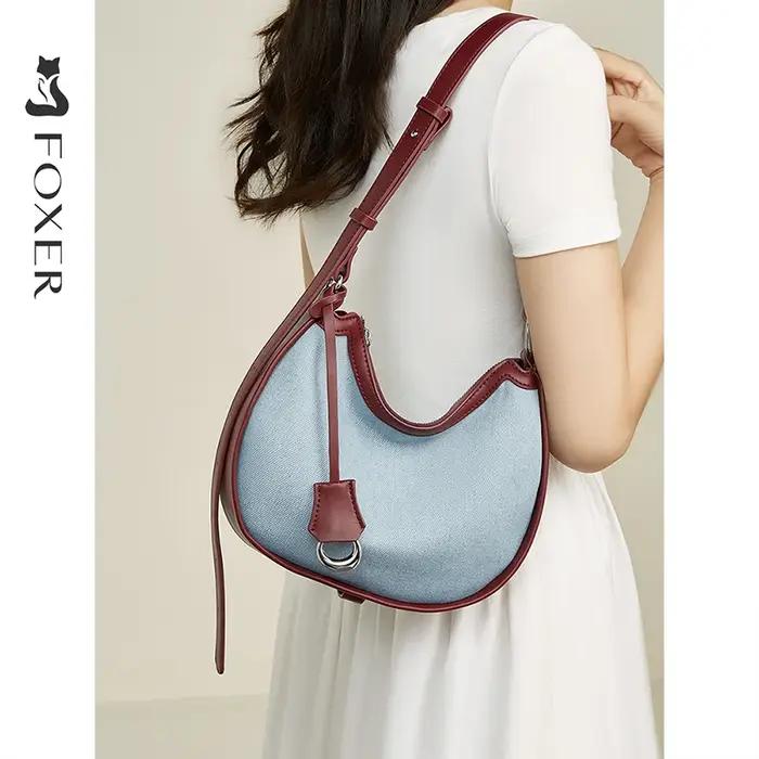 FOXER femmes Denim + cuir sac à bandoulière demi-lune sac à bandoulière mode dame petit Simple bleu