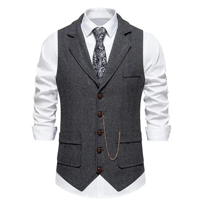 Gilet rétro à chaîne à revers pour hommes, mode chevrons, poches en Tweed grossier, gilet de costume