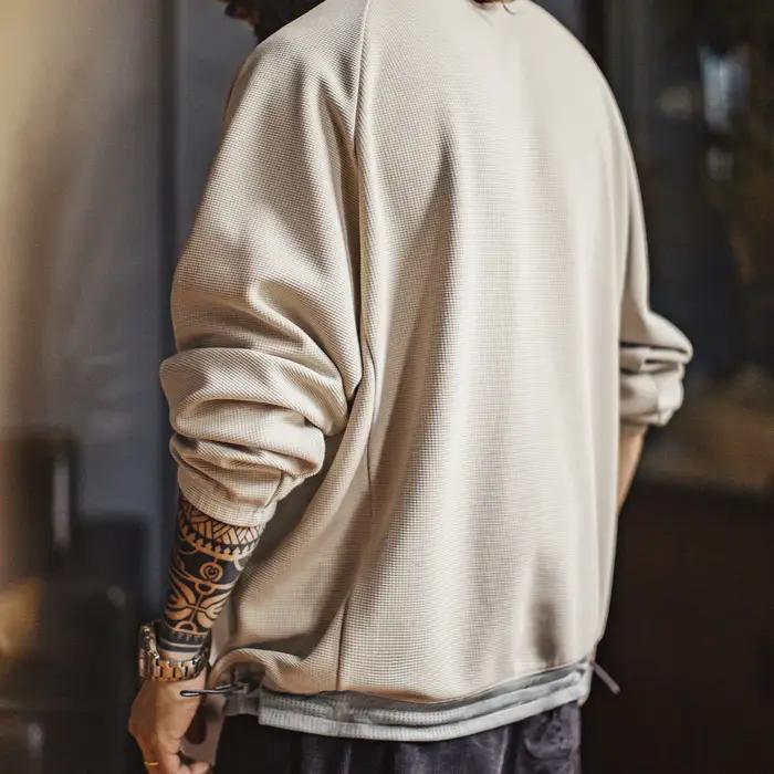 Maden Sweat-shirt décontracté en tissage gaufré pour homme Coupe ample Pull à col rond Ourlet à cord