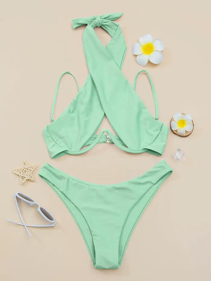 Bikini à bretelles croisées avec armatures 2026 Maillot de bain femme uni Push-up Maillot de bain fé