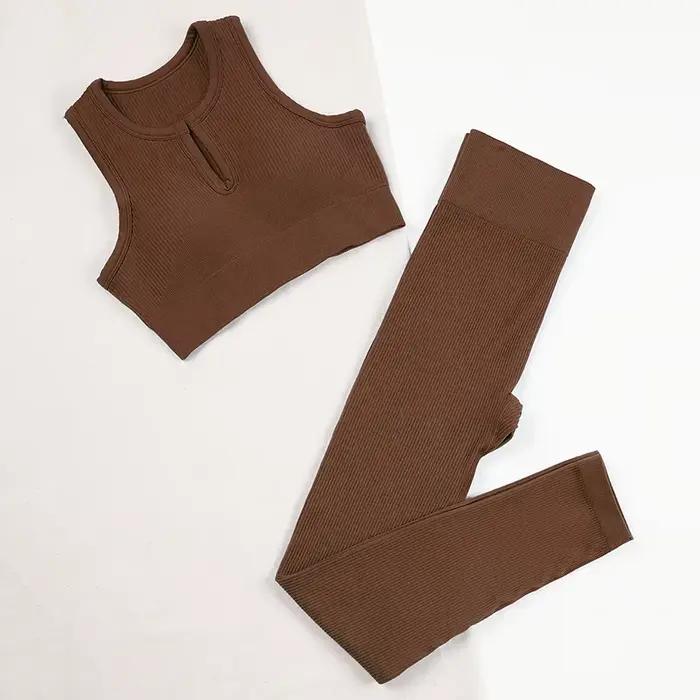 Tenue d'entraînement 2 pièces côtelée sans coutures femme - Ensemble yoga confortable leggings et débardeur
