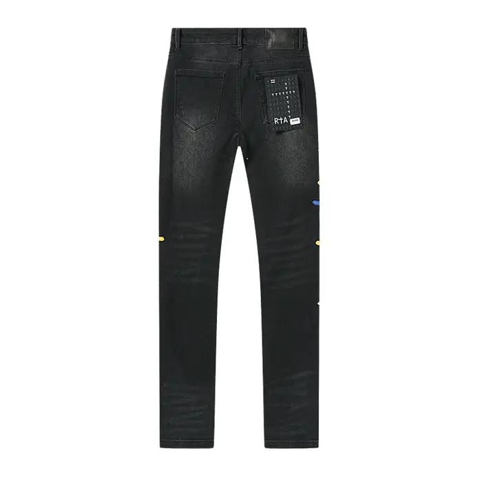 2025 nouveau trou de rayure détruit hommes haute rue coupe ajustée maigre noir clair broderie Denim