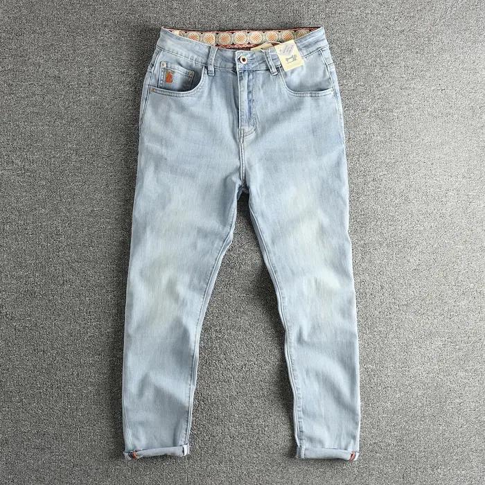 Jean bleu clair délavé rétro pour hommes, pieds slim, pantalon américain polyvalent à neuf points po