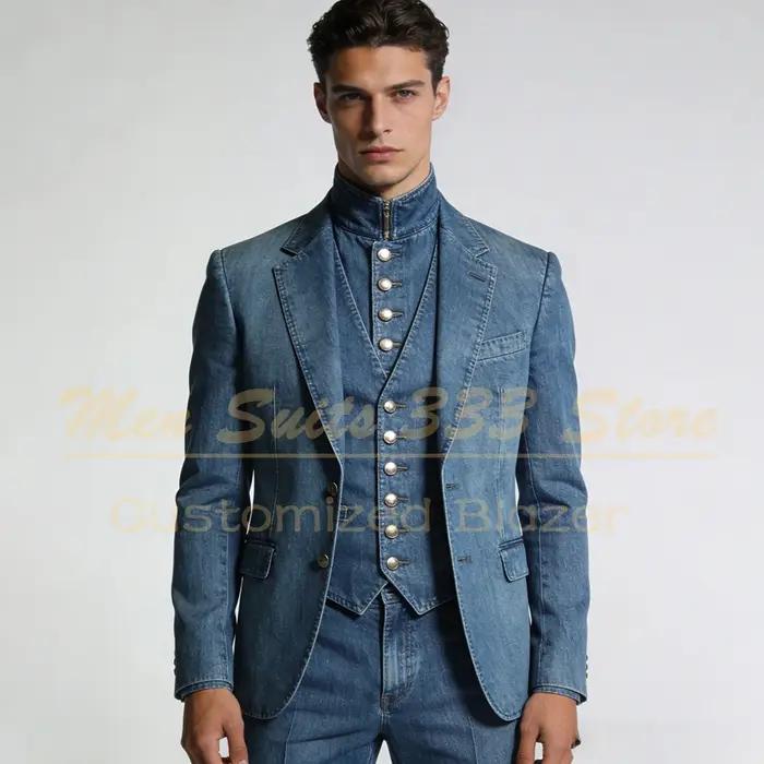 Costumes sur mesure pour hommes en denim, coupe ajustée, revers cranté, simple boutonnage, ensemble